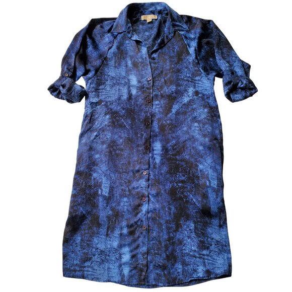 MICHAEL KORS Denim Blue Tie Dye Print Shirtdress Tabbed Sleeves Blue & Black S - Picture 5 of 15